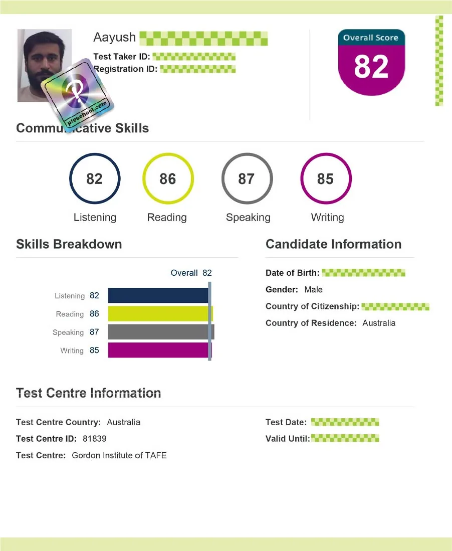 Student PTE score card
