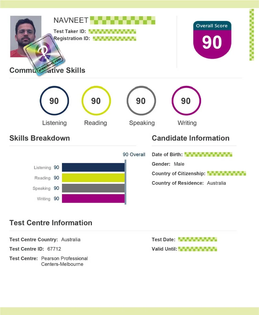 Student PTE score card