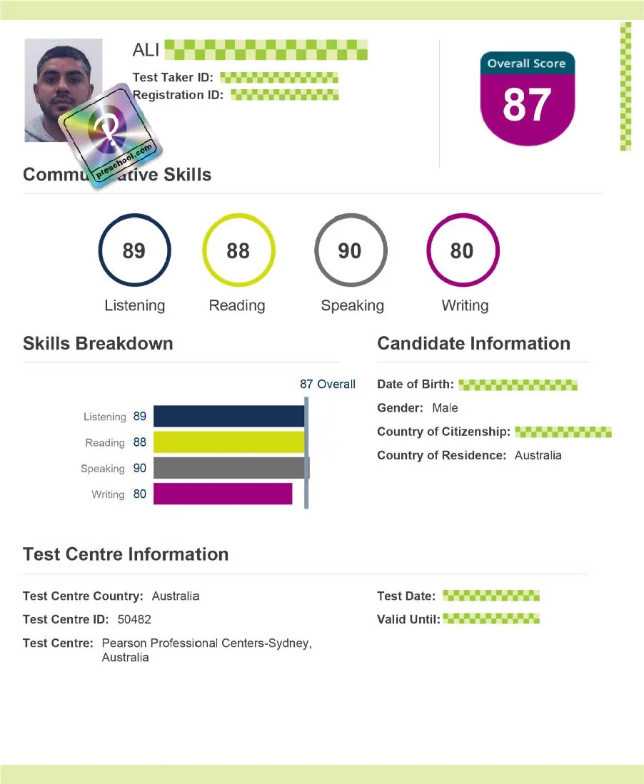 Verified Pearson PTE scorecard from a PTE School student