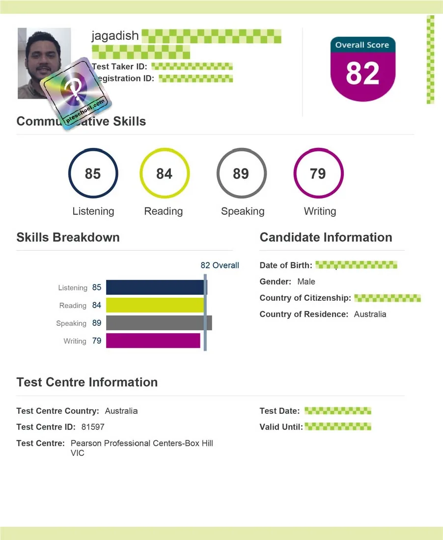 Student PTE score card