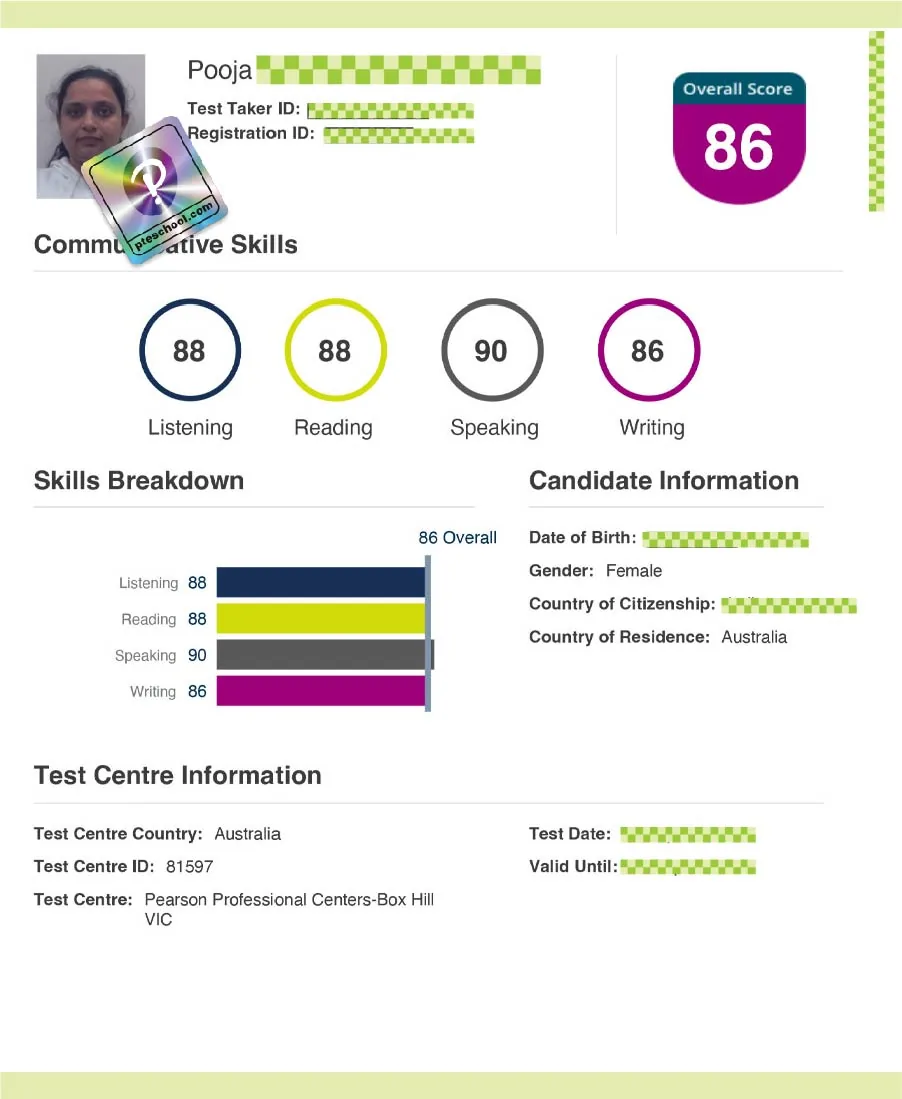 Student PTE score card