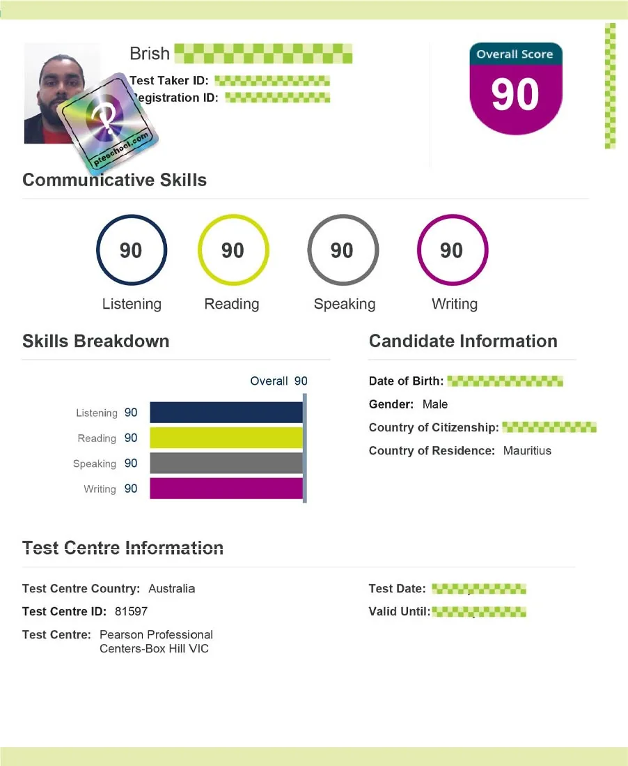 Student PTE score card