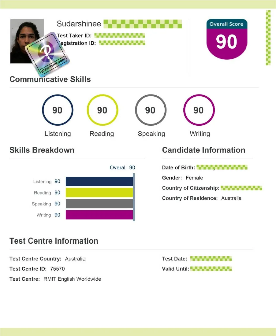 Verified Pearson PTE scorecard from a PTE School student