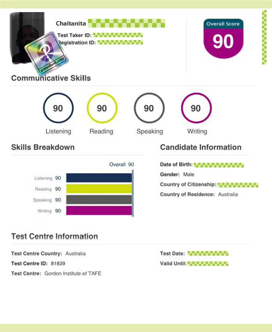 Student PTE score card