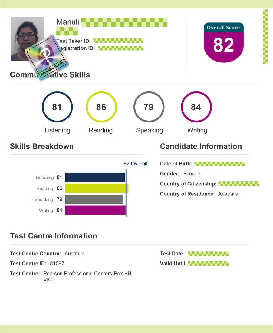 Student PTE score card