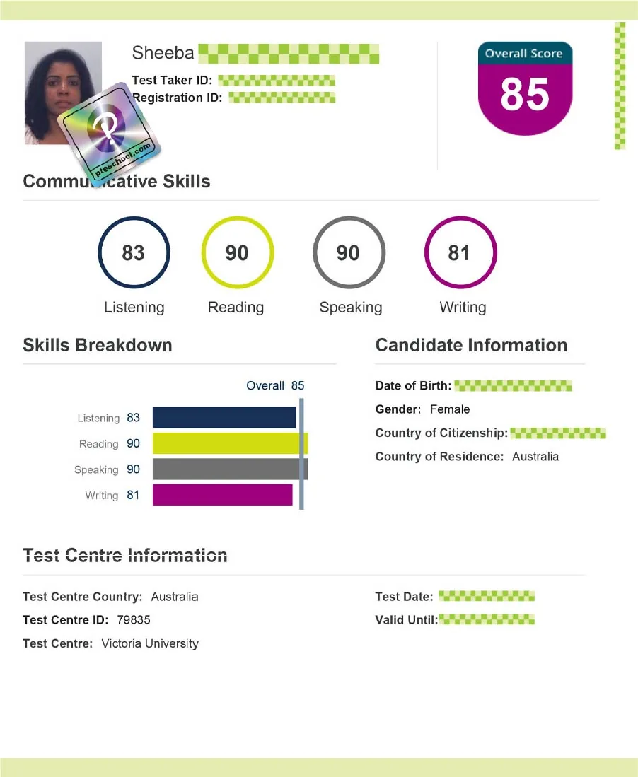 Student PTE score card