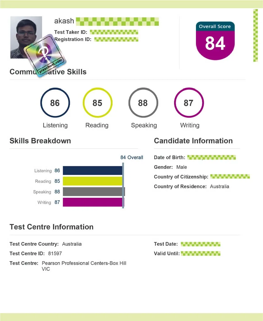 Student PTE score card