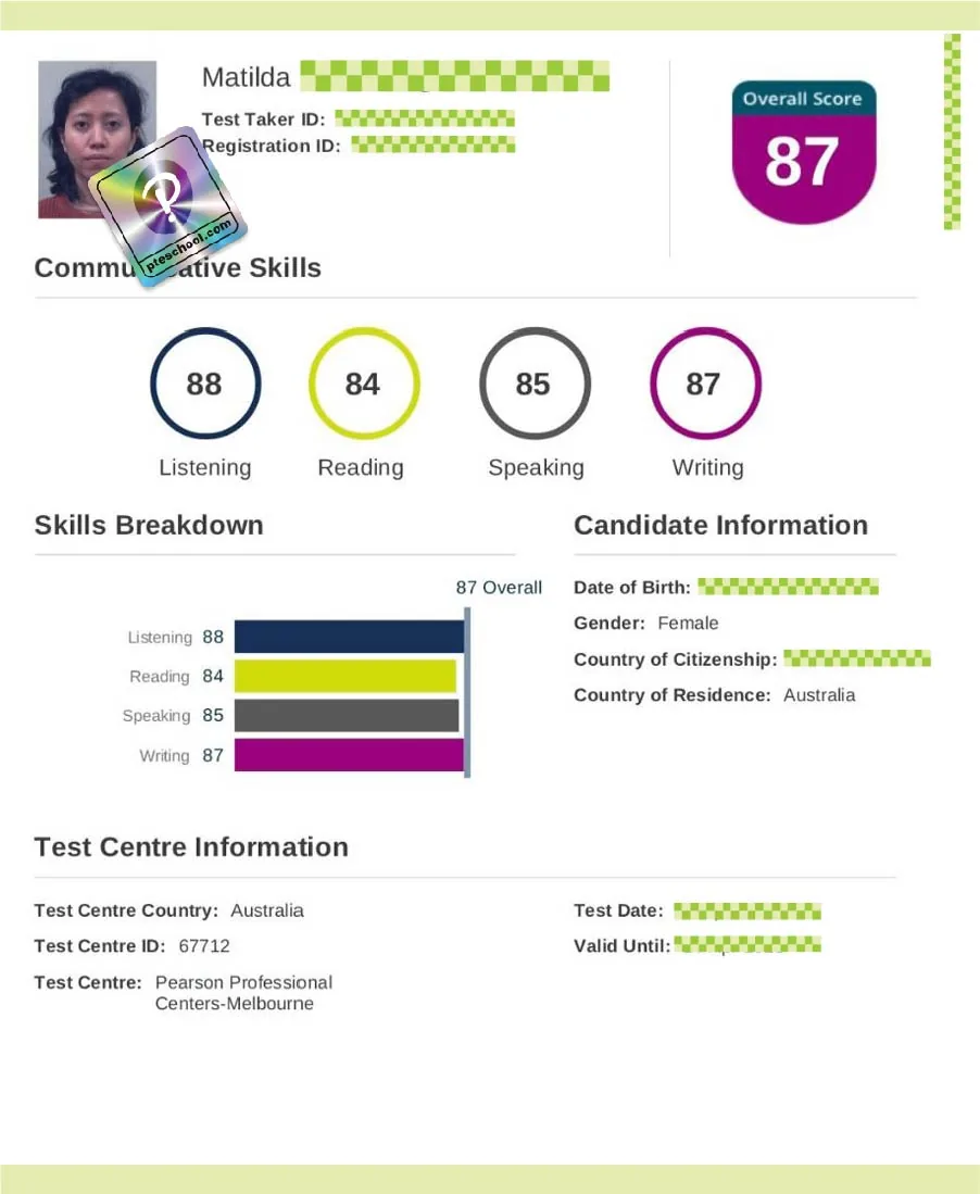 Student PTE score card