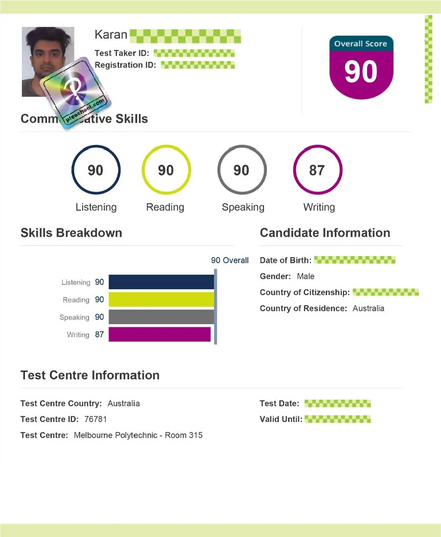 Student PTE score card