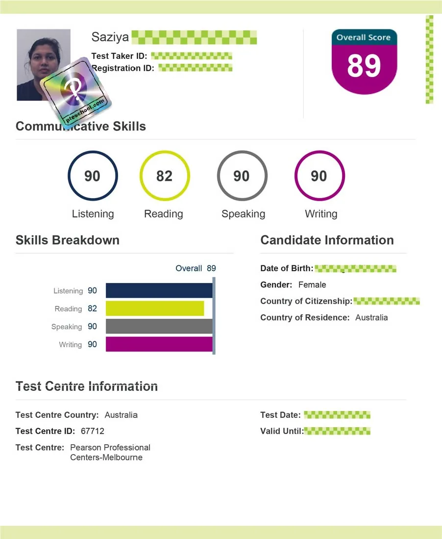 Student PTE score card