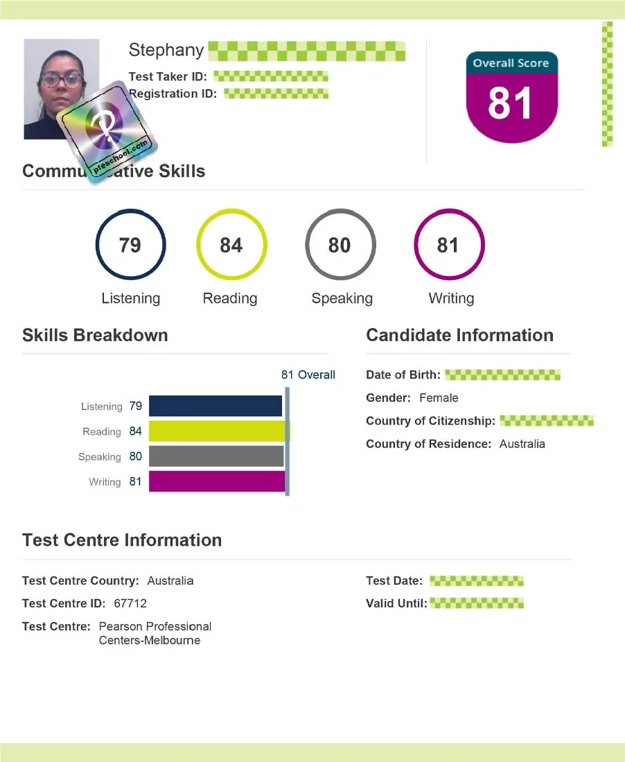 Student PTE score card