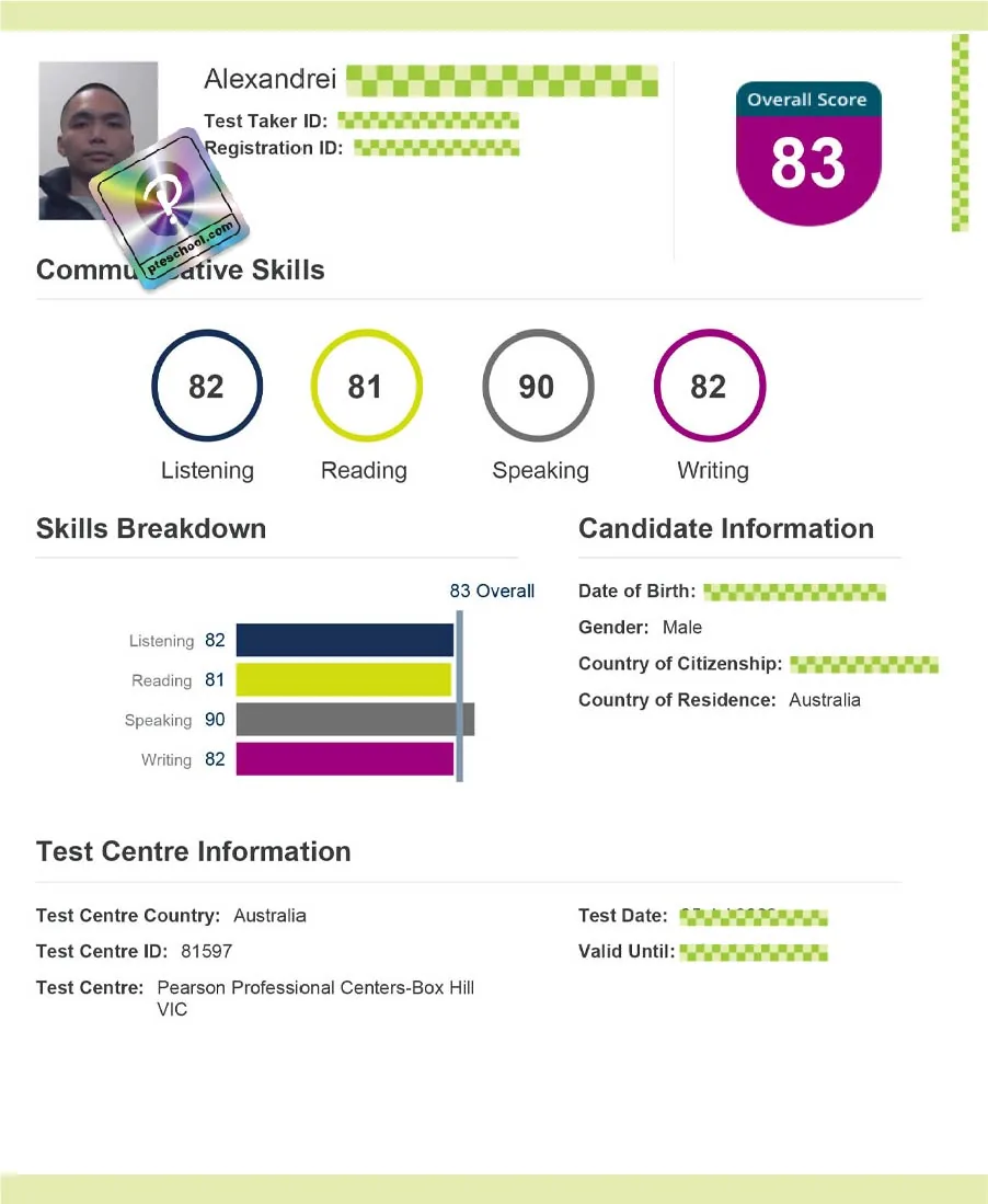 Verified Pearson PTE scorecard from a PTE School student