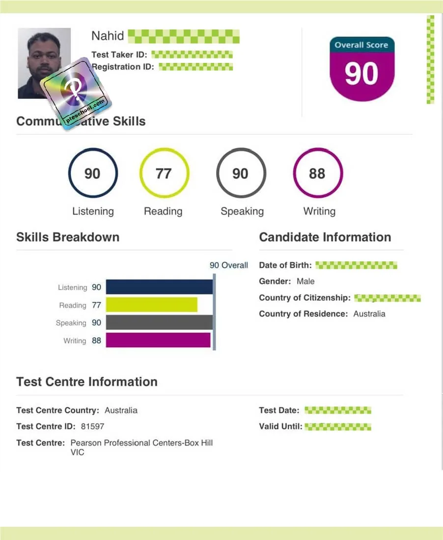 Student PTE score card