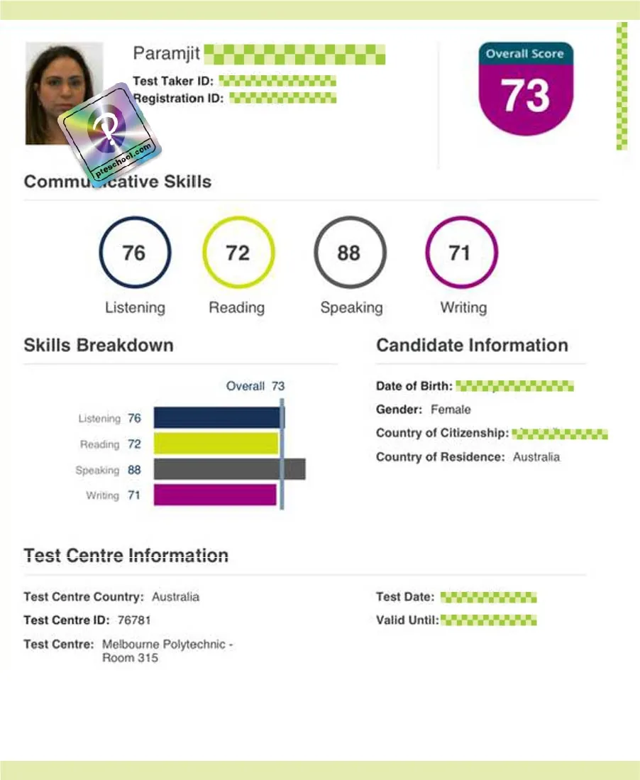 Student PTE score card