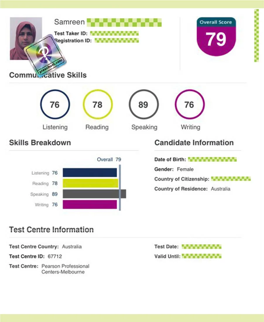 Student PTE score card