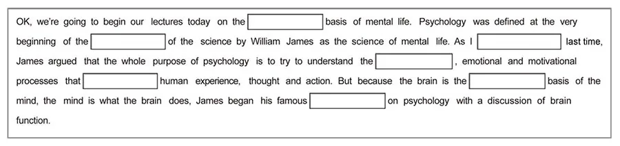 Sample transcript with multiple blanks within a paragraph — example of how to take notes on an erasable booklet first.