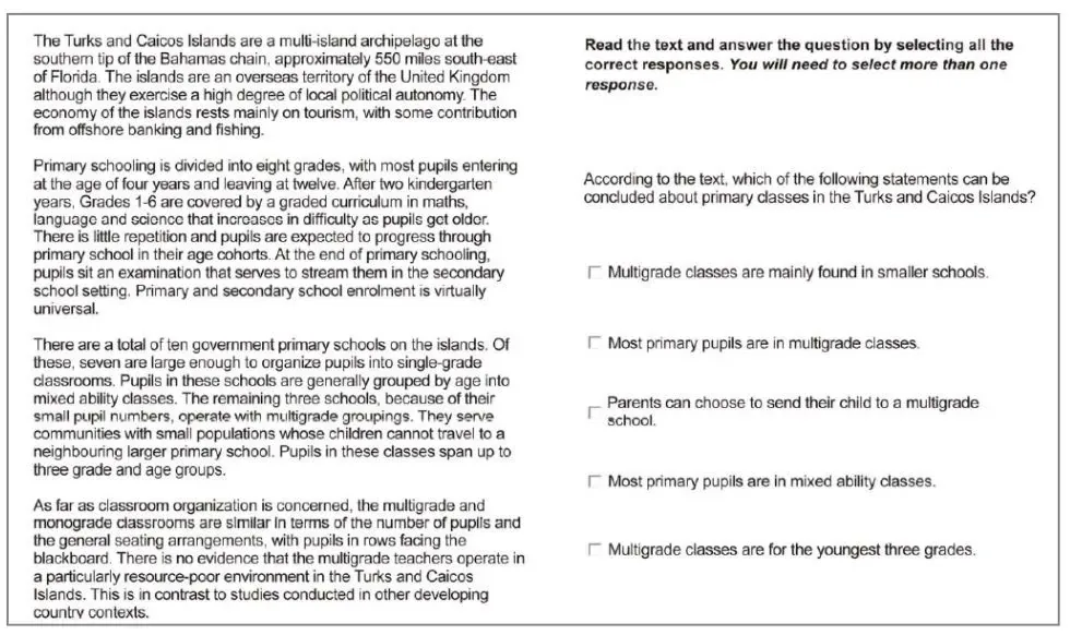 Reading passage about Turks and Caicos Islands schooling with five MCQ checkbox options on the right.