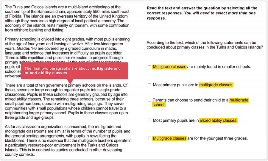 Same passage with the final two paragraphs highlighted, showing repeated words 'multigrade classes' and 'mixed ability classes' across the answer options.