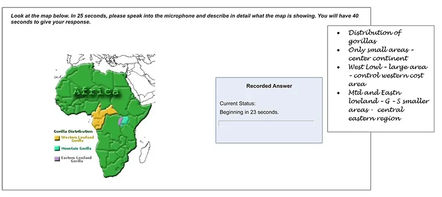 Africa map showing gorilla distribution with sample test-taker notes — main idea + supporting details.