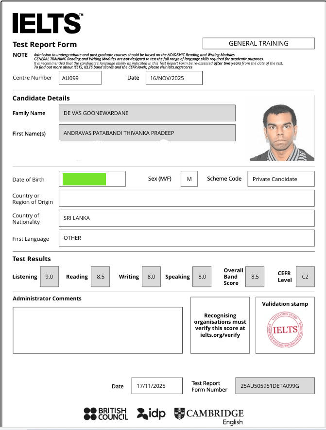 Thivanka — official IELTS Test Report Form: Listening 9.0, Reading 8.5, Writing 8.0, Speaking 8.0, Overall Band 8.5