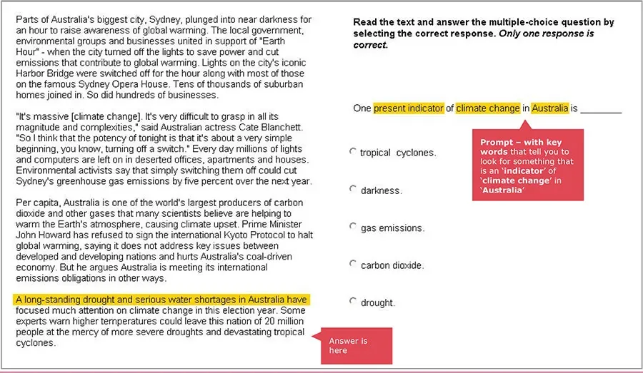 Annotated example showing key words highlighted in the prompt and the matching answer in the text.