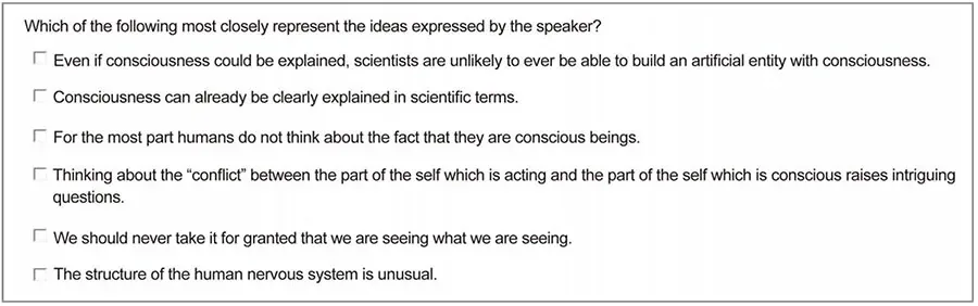Example options for 'Which of the following most closely represent the ideas expressed by the speaker?'