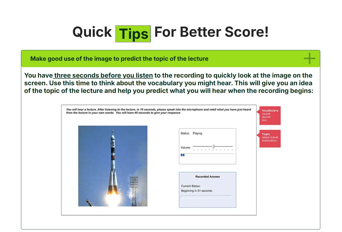 Exam screen showing a rocket launch image with vocabulary and topic prediction labels