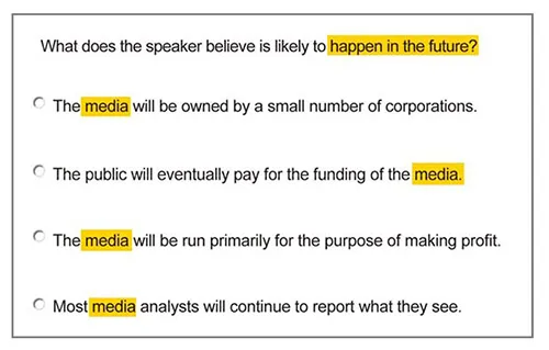 Sample MCQ question with the words 'happen in the future' and 'media' highlighted across the four options