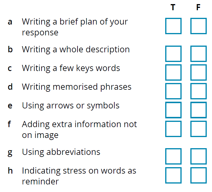 Worksheet image — note-taking strategies for Describe Image (true / false).