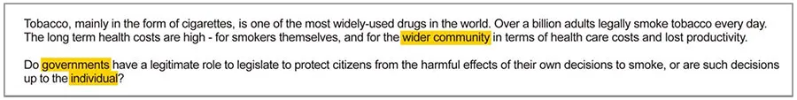 Sample essay prompt about tobacco — discuss from the point of view of the wider community, governments and the individual.
